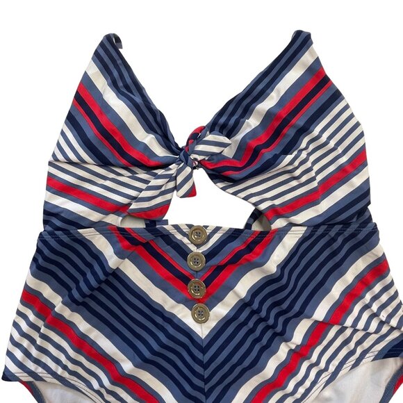 Time Tru L One Piece Swim Suit Red White Blue Patriotic Sailor Cutout Peep Vneck - Picture 2 of 12